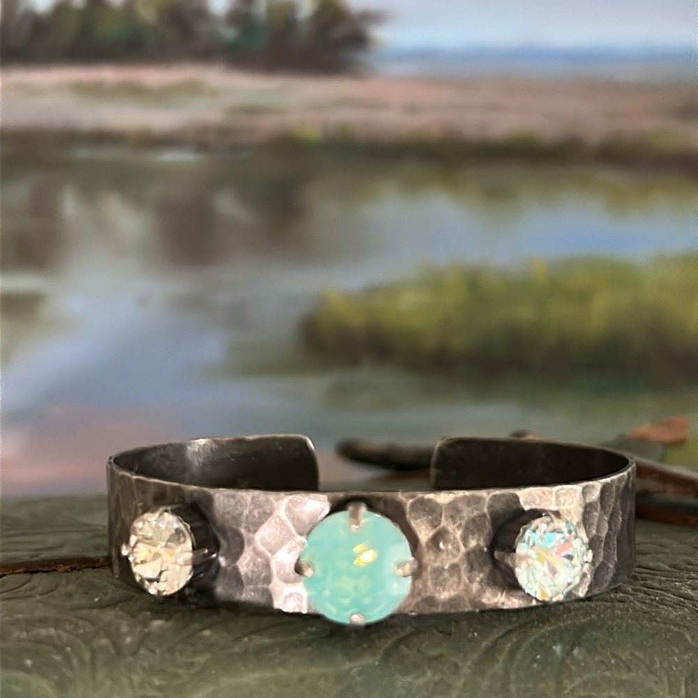 Sabika Hammered Silvertone Cuff w Pacific Fire Opal & Clear Swarovski Crystals
